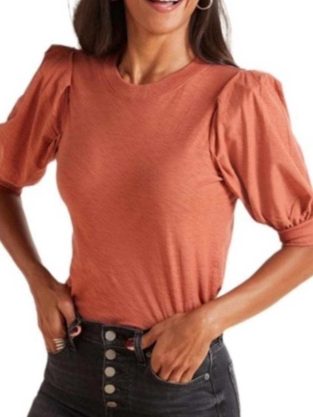 Nation LTD 'Rimma' Terra Cotta Slub Pima Cotton Puff Sleeve Shirt - Size L